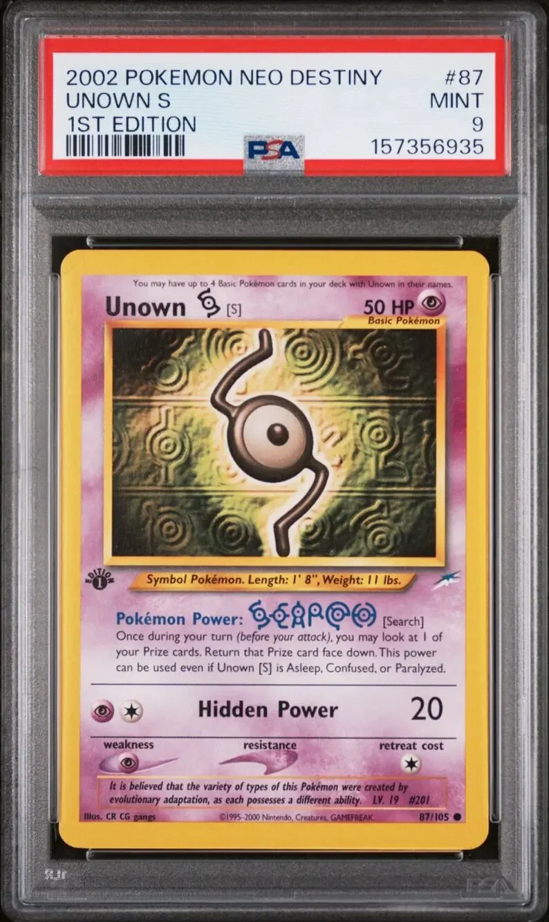 PSA 9 MINT Unown S 1st Edition 87/105 Pokémon 2002 Neo Destiny Graded Card